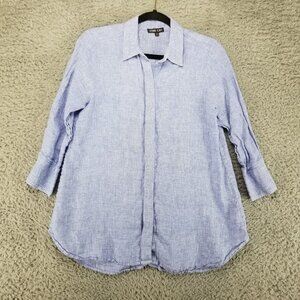 Boho Chic Shirt Womens Small Blue 100% Linen Button Up Long Sleeve